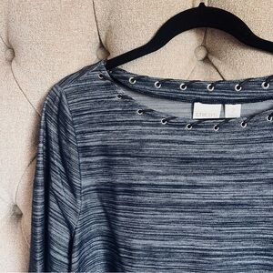 ⚓️ Chico's Navy Blue Stripe Grommet & Leather 3/4 length sleeve Top medium 2